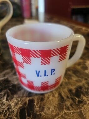 Rare Westfield " V.I.P." White Milk Glass Mug with Red Plaid Accent
